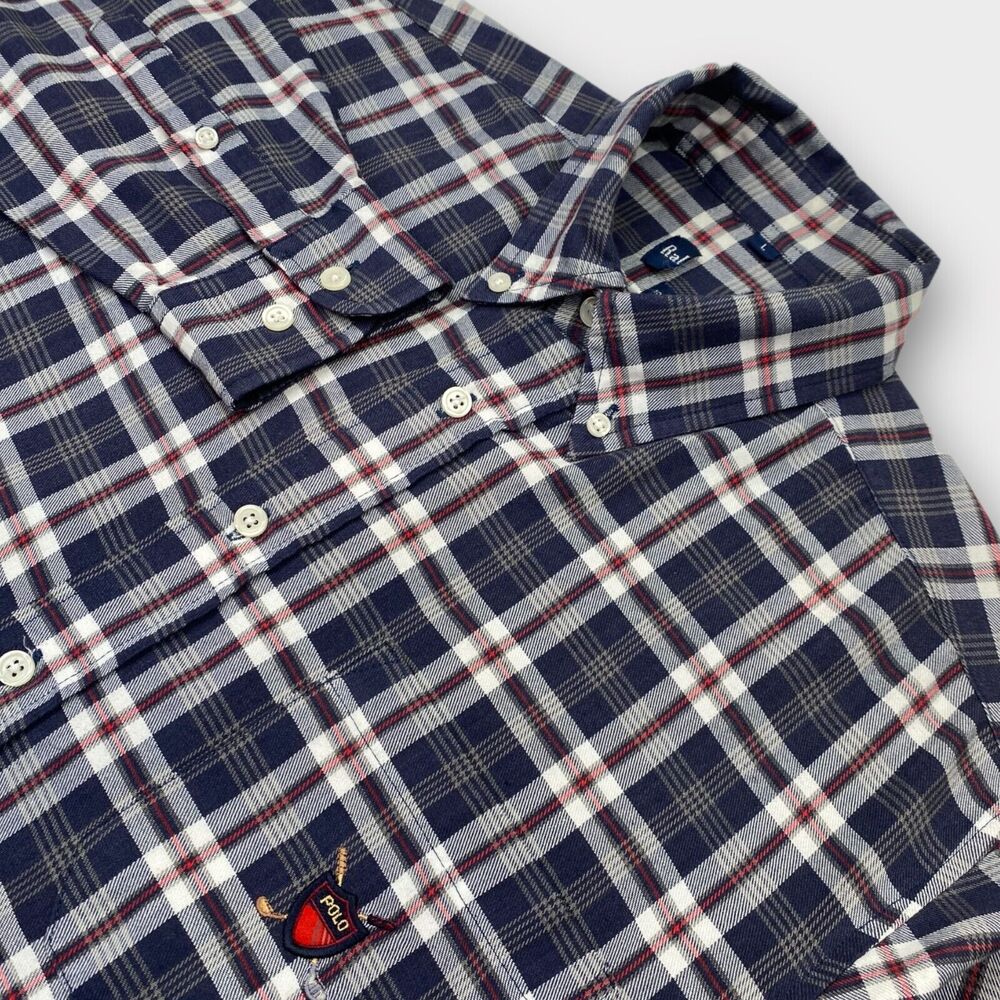 VINTAGE Ralph Lauren Shirt Mens Large Polo Golf Crest Logo Check Navy Red Preppy - Picture 9 of 15